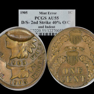 1902 1C Indian Cent PCGS AU50BN Double Struck Off Center Error