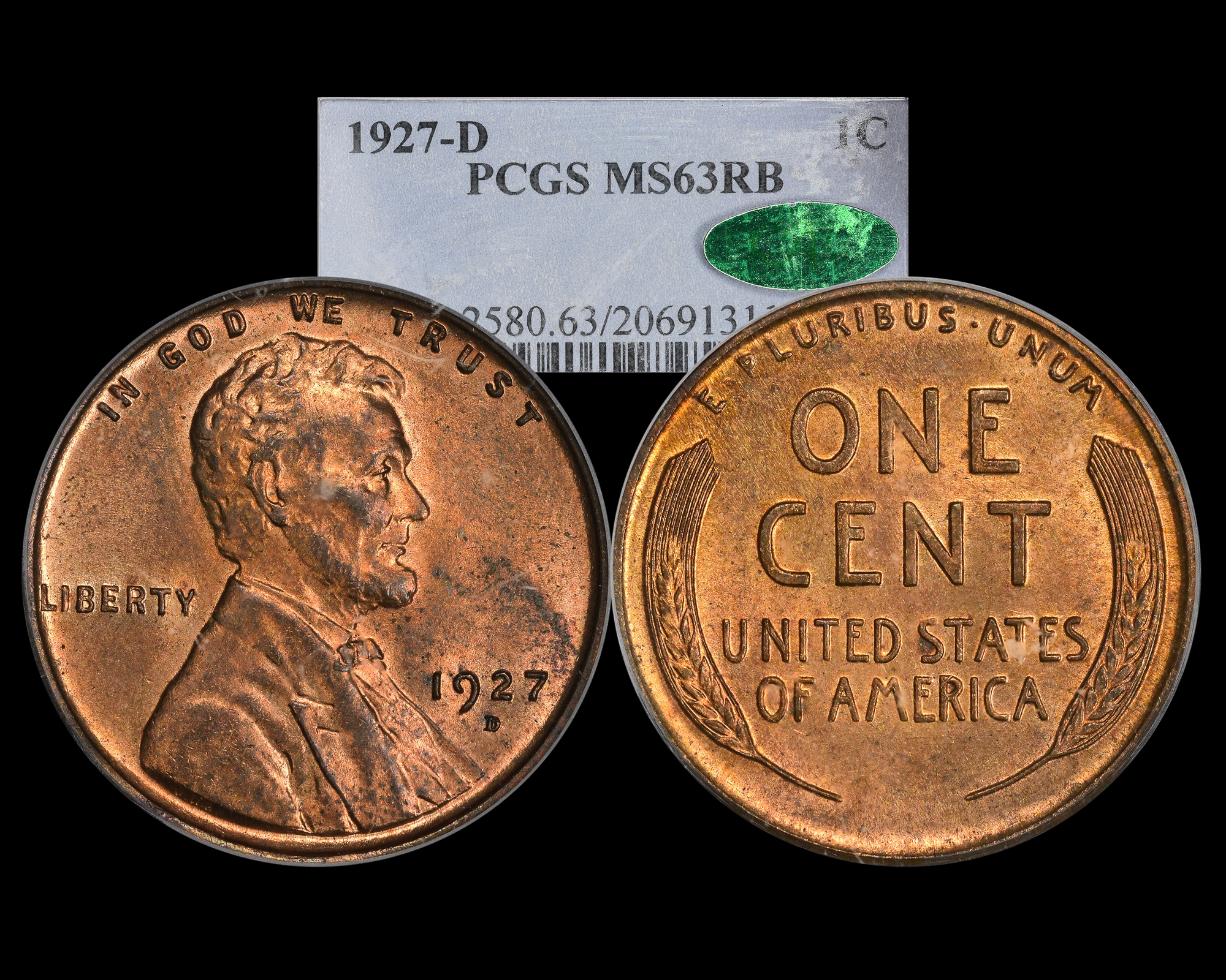 1927-D 1C Lincoln Wheat Cent PCGS MS63RB CAC - The Penny Lady®