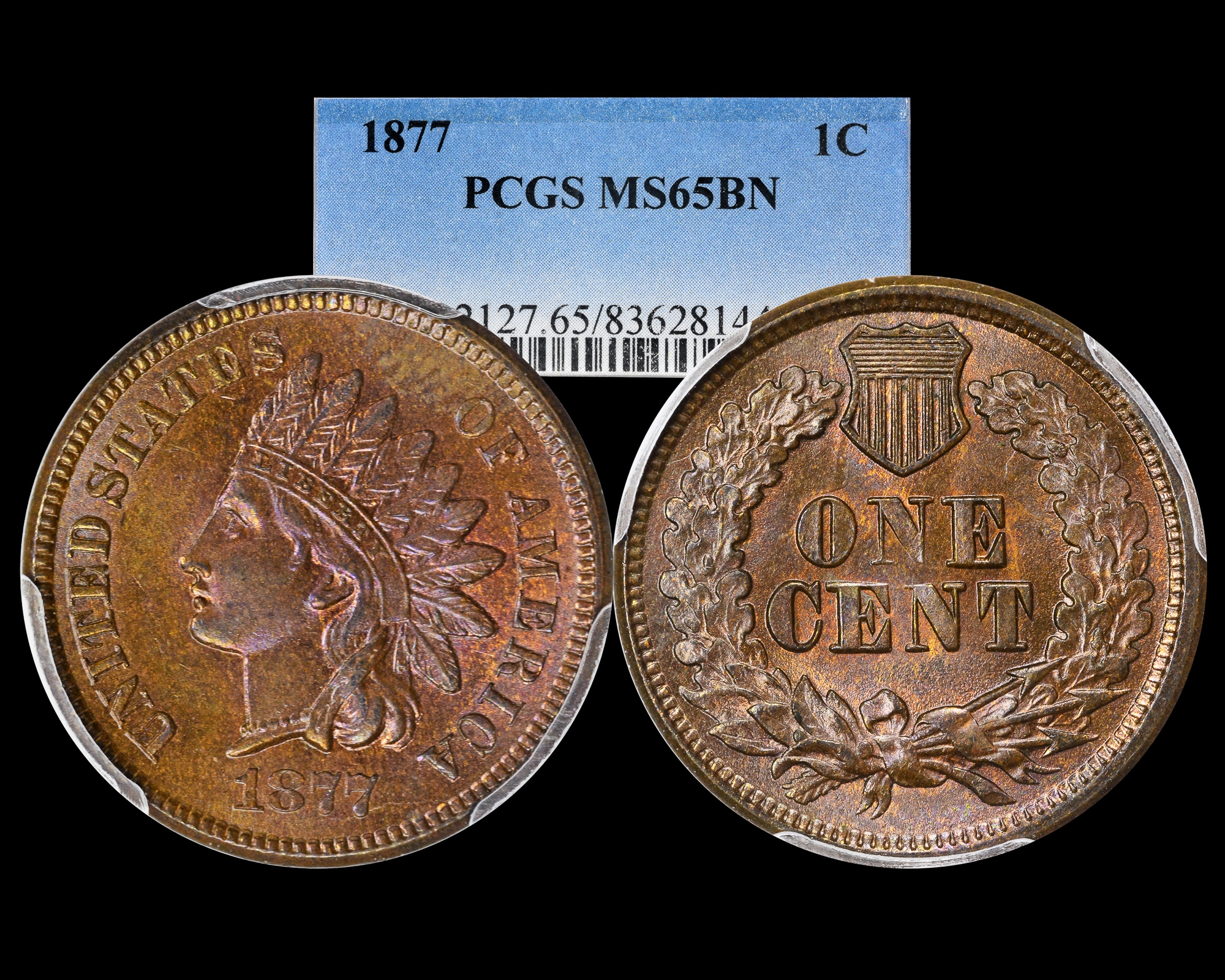 1877 1C Indian Cent PCGS MS65BN Toned - The Penny Lady®
