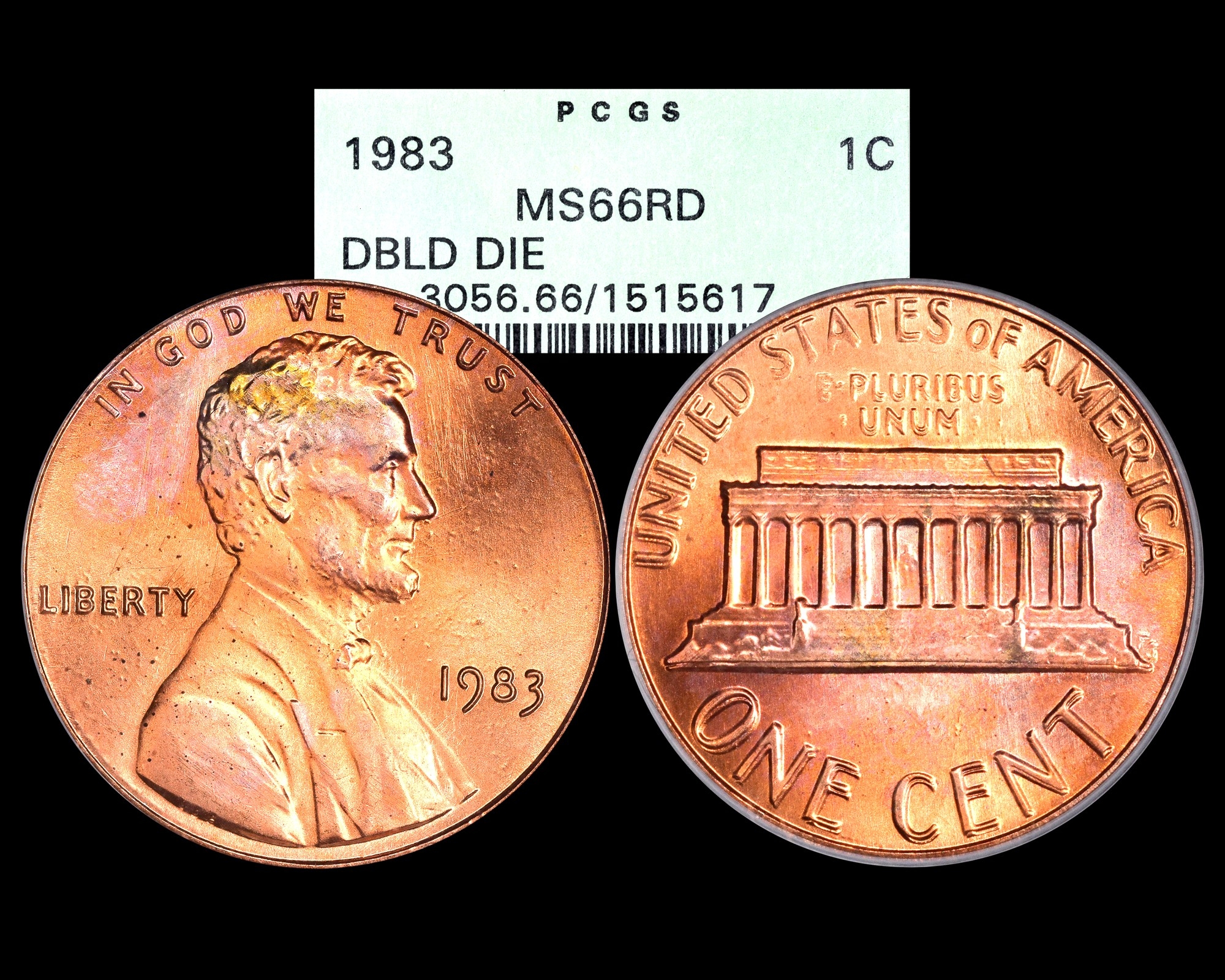 1983 1C Doubled Die Reverse Lincoln Memorial Cent PCGS MS66RD - Old Green  Holder - The Penny Lady®