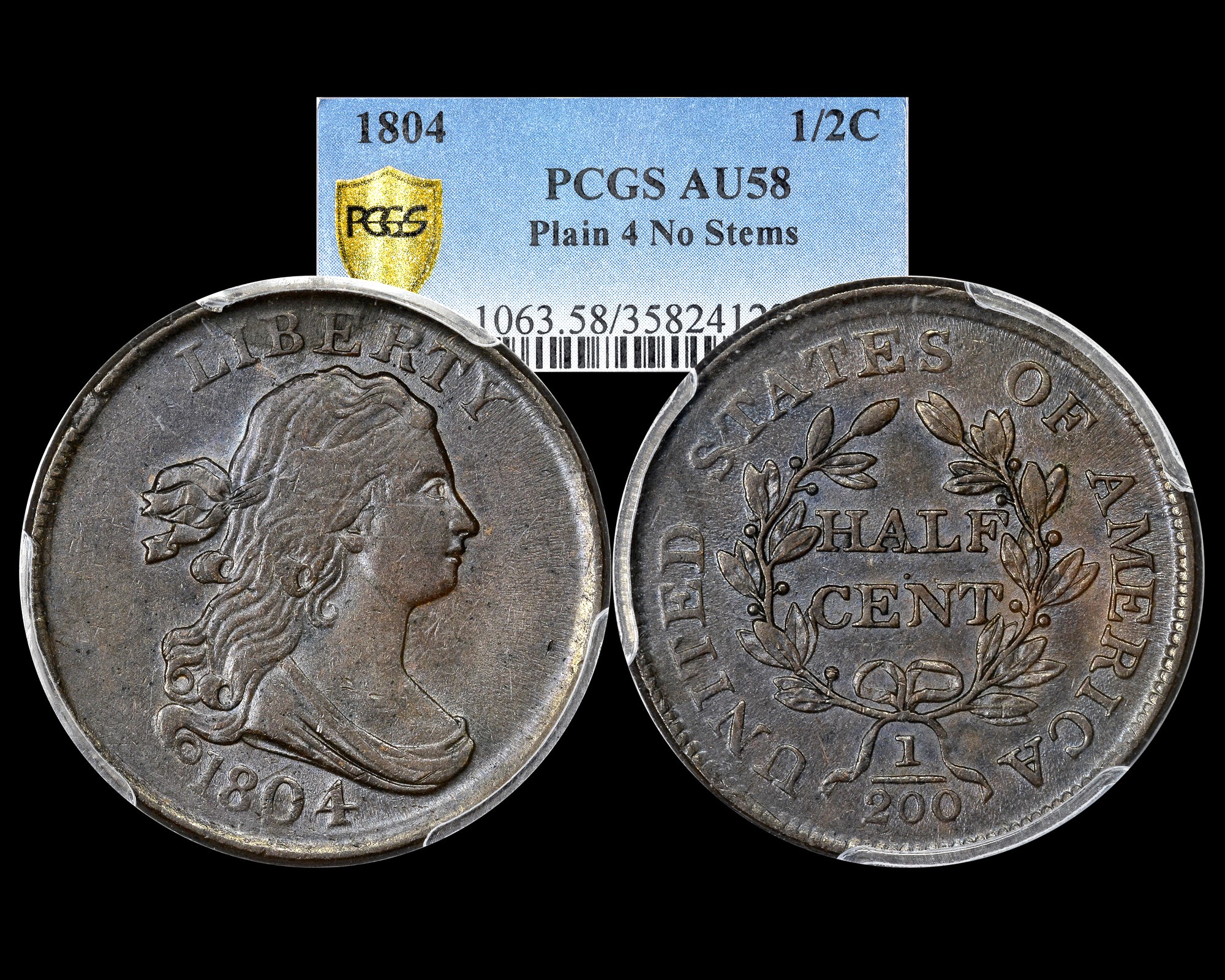 1804 1/2C Draped Bust Half Cent (Plain 4 No Stems) PCGS AU58 - The