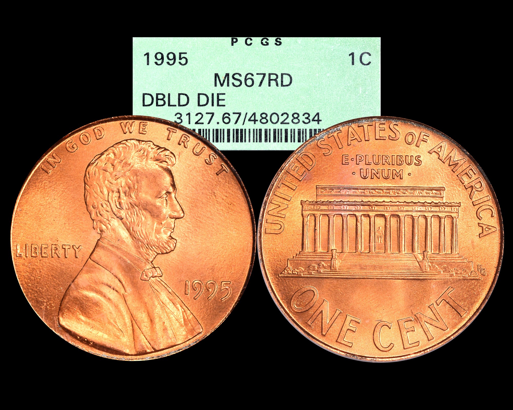 1995/95 Doubled Die Obverse 1C Lincoln Memorial Cent PCGS MS67RD - Old  Green Holder - The Penny Lady®